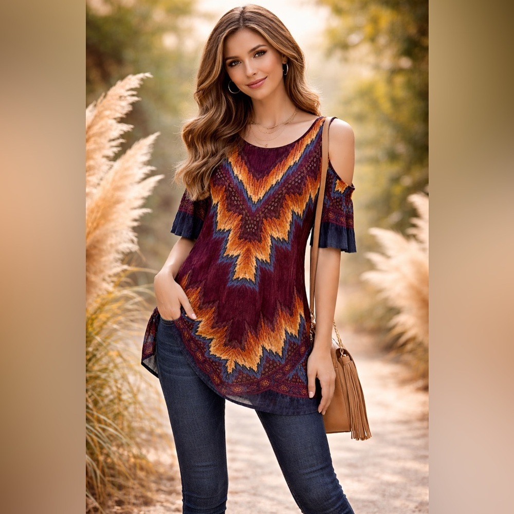 DEMOCRACY~BOHO COLD SHOULDER  TUNIC TOP~TRIBAL VIBE~SM